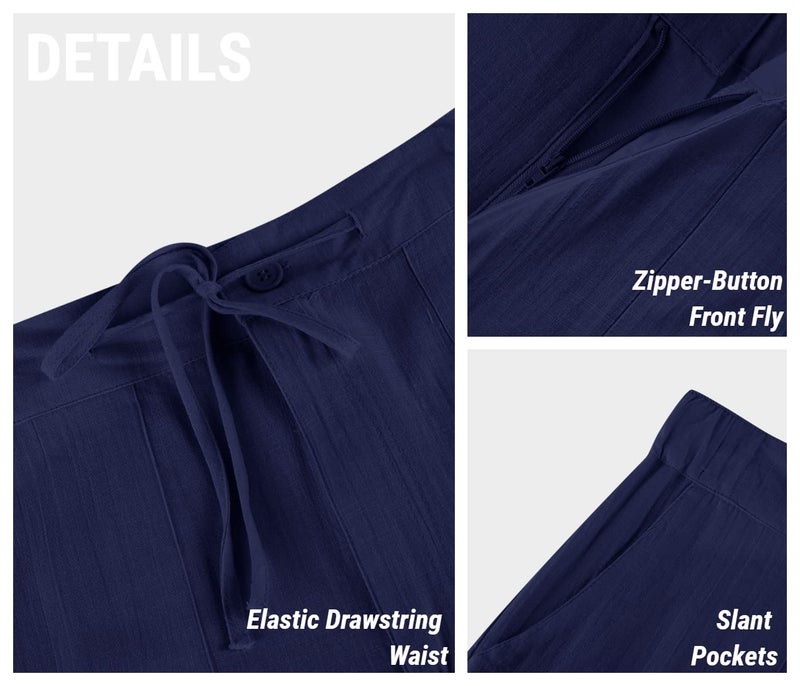 PASLTER Mens Casual Linen Pants Loose Fit Straight-Legs Elastic Drawstring Waist Summer Beach Yoga Long Pants A-Navy Blue - Image 4